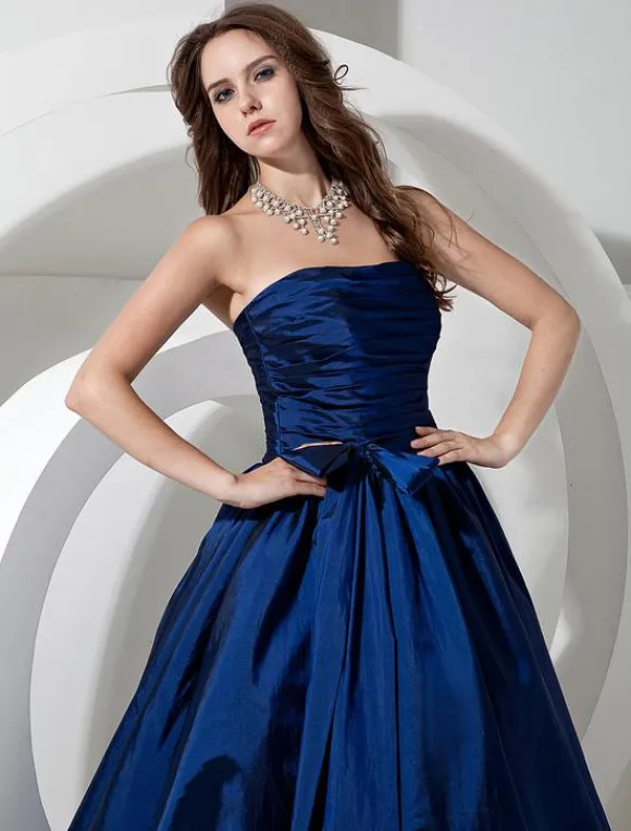 Bridesmaid Dresses Long Royal Blue Taffeta Evening Dress Floor Length Strapless A Line Pleated Prom Dress