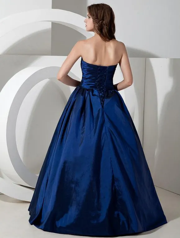 Bridesmaid Dresses Long Royal Blue Taffeta Evening Dress Floor Length Strapless A Line Pleated Prom Dress
