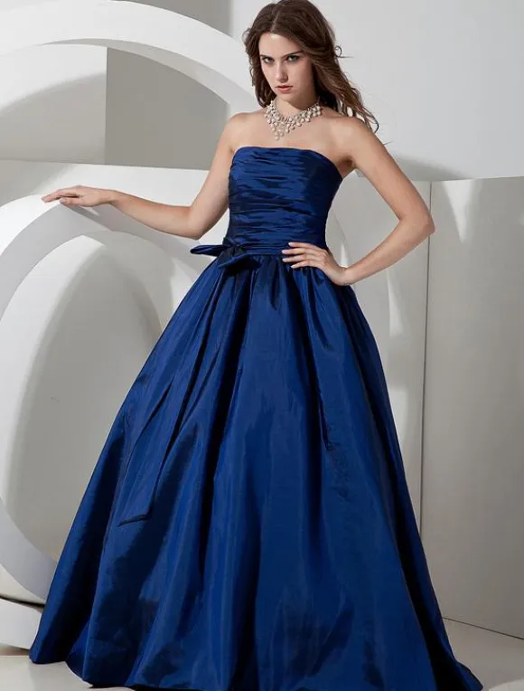 Bridesmaid Dresses Long Royal Blue Taffeta Evening Dress Floor Length Strapless A Line Pleated Prom Dress