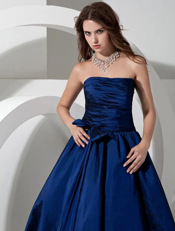 Bridesmaid Dresses Long Royal Blue Taffeta Evening Dress Floor Length Strapless A Line Pleated Prom Dress