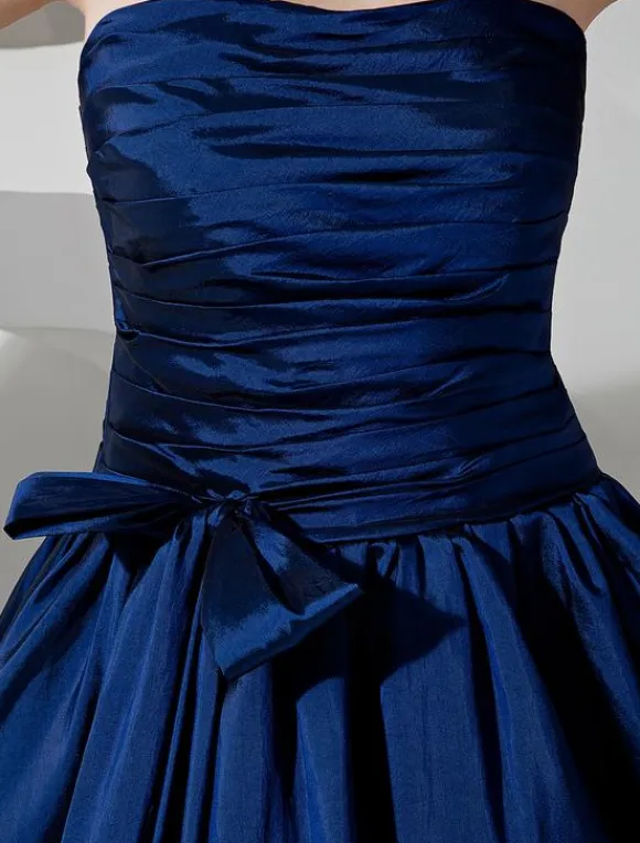 Bridesmaid Dresses Long Royal Blue Taffeta Evening Dress Floor Length Strapless A Line Pleated Prom Dress