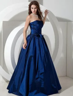 Bridesmaid Dresses Long Royal Blue Taffeta Evening Dress Floor Length Strapless A Line Pleated Prom Dress