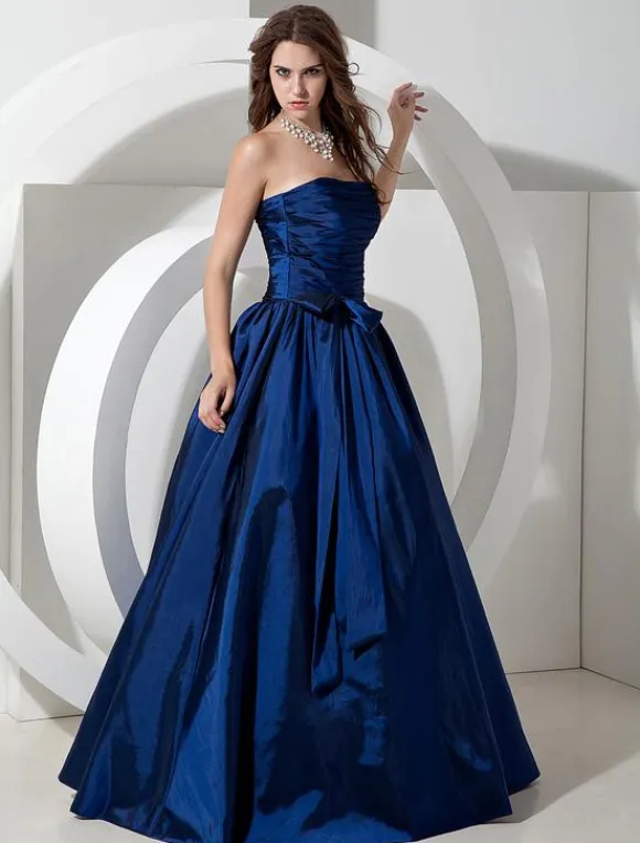 Bridesmaid Dresses Long Royal Blue Taffeta Evening Dress Floor Length Strapless A Line Pleated Prom Dress