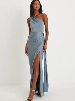 Bridesmaid Dresses One Shoulder High Slit Ruching Mermaid Prom Maxi Dress