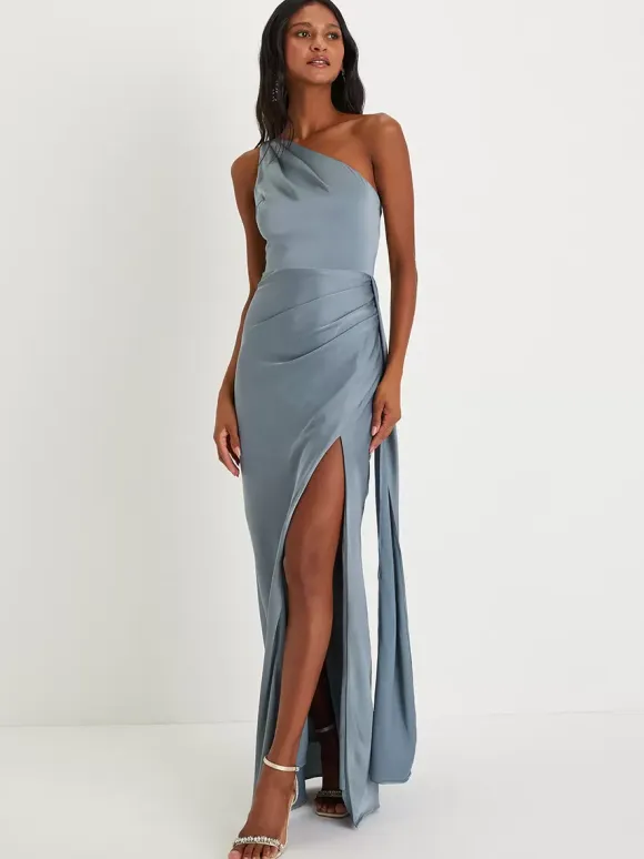 Bridesmaid Dresses One Shoulder High Slit Ruching Mermaid Prom Maxi Dress