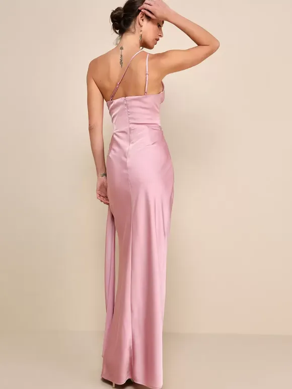 Bridesmaid Dresses One Shoulder High Slit Ruching Mermaid Prom Maxi Dress