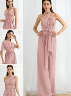 Bridesmaid Dress Jumpsuit Floor-Length Zipper Chiffon Formal Gowns