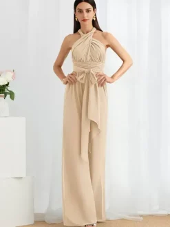 Bridesmaid Dress Jumpsuit Floor-Length Zipper Chiffon Formal Gowns