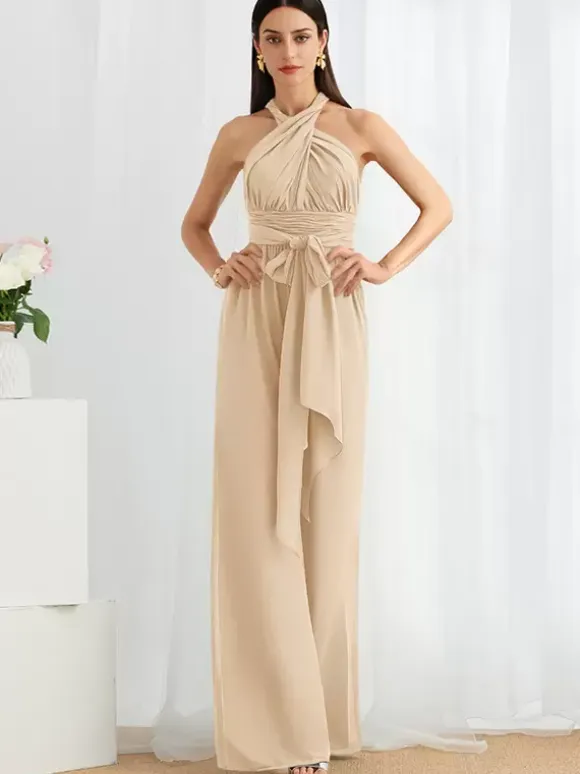 Bridesmaid Dress Jumpsuit Floor-Length Zipper Chiffon Formal Gowns