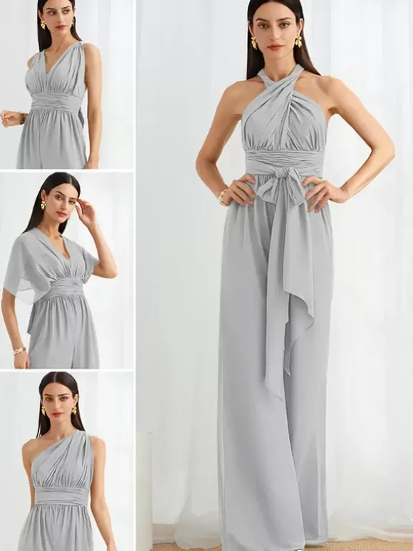 Bridesmaid Dress Jumpsuit Floor-Length Zipper Chiffon Formal Gowns