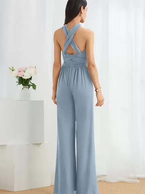 Bridesmaid Dress Jumpsuit Floor-Length Zipper Chiffon Formal Gowns