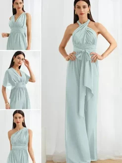 Bridesmaid Dress Jumpsuit Floor-Length Zipper Chiffon Formal Gowns