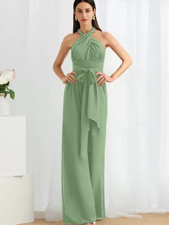 Bridesmaid Dress Jumpsuit Floor-Length Zipper Chiffon Formal Gowns