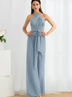 Bridesmaid Dress Jumpsuit Floor-Length Zipper Chiffon Formal Gowns