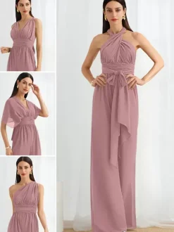 Bridesmaid Dress Jumpsuit Floor-Length Zipper Chiffon Formal Gowns