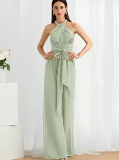 Bridesmaid Dress Jumpsuit Floor-Length Zipper Chiffon Formal Gowns