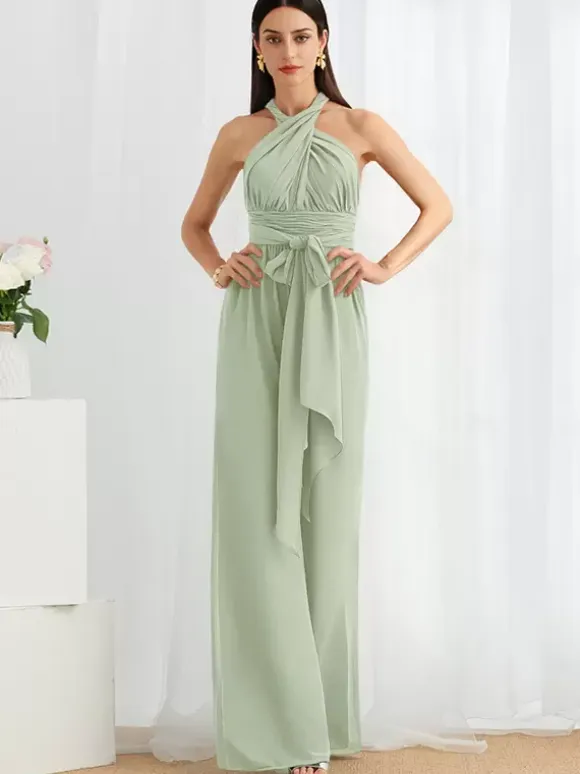 Bridesmaid Dress Jumpsuit Floor-Length Zipper Chiffon Formal Gowns