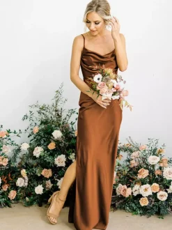 Bridesmaid Dress Mermaid Floor-Length Sleeveless Zipper Elastic Silk Like Satin Brick Red Wedding Party Dress