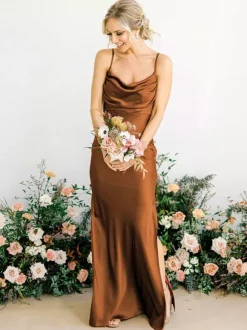 Bridesmaid Dress Mermaid Floor-Length Sleeveless Zipper Elastic Silk Like Satin Brick Red Wedding Party Dress