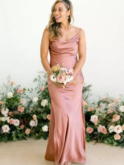 Bridesmaid Dress Mermaid Floor-Length Sleeveless Zipper Elastic Silk Like Satin Brick Red Wedding Party Dress