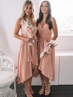 Bridesmaid Dress Pink A-Line Sleeveless V-Neck Zipper Chiffon Wedding Party Dress