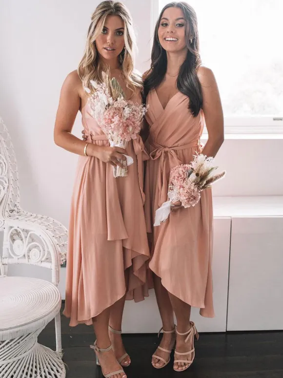 Bridesmaid Dress Pink A-Line Sleeveless V-Neck Zipper Chiffon Wedding Party Dress