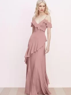 Bridesmaid Dress Ruffled Spaghetti Straps Backless A-Line Chiffon Prom Maxi Dresses