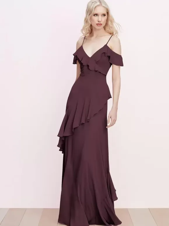 Bridesmaid Dress Ruffled Spaghetti Straps Backless A-Line Chiffon Prom Maxi Dresses