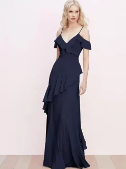 Bridesmaid Dress Ruffled Spaghetti Straps Backless A-Line Chiffon Prom Maxi Dresses