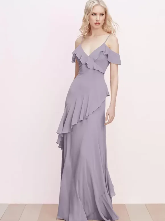 Bridesmaid Dress Ruffled Spaghetti Straps Backless A-Line Chiffon Prom Maxi Dresses