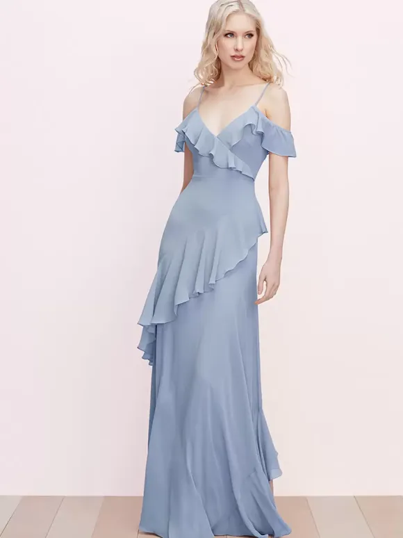 Bridesmaid Dress Ruffled Spaghetti Straps Backless A-Line Chiffon Prom Maxi Dresses