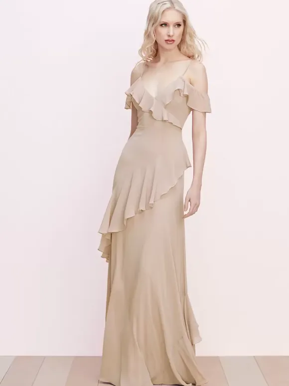Bridesmaid Dress Ruffled Spaghetti Straps Backless A-Line Chiffon Prom Maxi Dresses