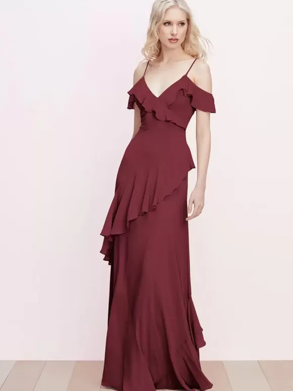 Bridesmaid Dress Ruffled Spaghetti Straps Backless A-Line Chiffon Prom Maxi Dresses