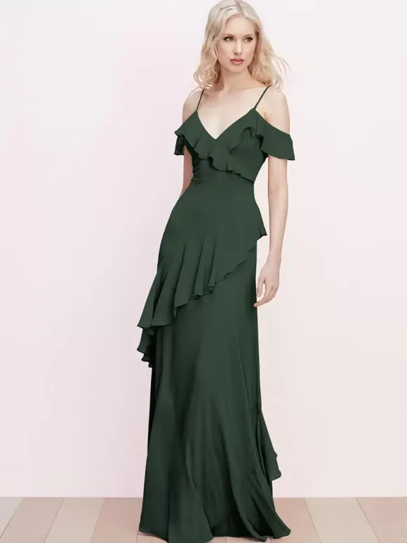 Bridesmaid Dress Ruffled Spaghetti Straps Backless A-Line Chiffon Prom Maxi Dresses