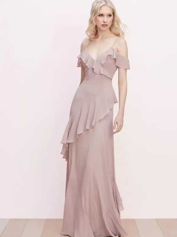 Bridesmaid Dress Ruffled Spaghetti Straps Backless A-Line Chiffon Prom Maxi Dresses
