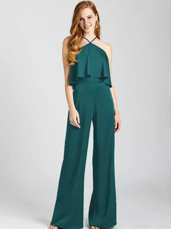 Bridesmaid Dress Satin Fabric Jumpsuit Floor-Length Formal Gowns