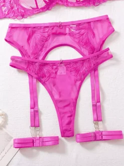 Bright Pink Floral Lace Suspender Lingerie 3-Piece Set