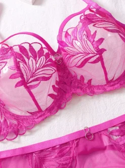 Bright Pink Floral Lace Suspender Lingerie 3-Piece Set