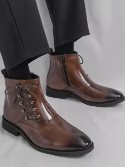 Brown Ankle Boots Men's Round Toe Lace Up Booties