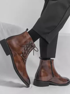 Brown Ankle Boots Men's Round Toe Lace Up Booties