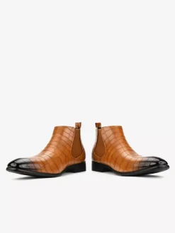 Brown Ankle Boots Men's Round Toe Stone Pattern Chelsea Boots