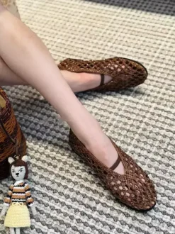 Brown Ballet Flats Cane Round Toe Cut Out Summer Flats