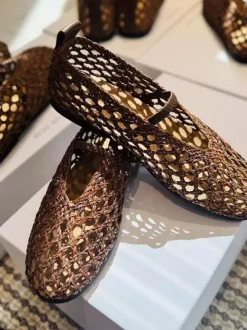 Brown Ballet Flats Cane Round Toe Cut Out Summer Flats