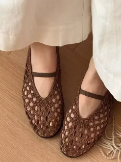 Brown Ballet Flats Cane Round Toe Cut Out Summer Flats