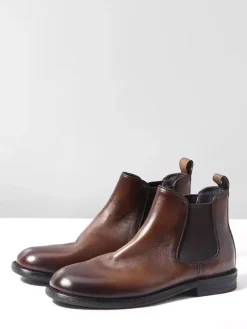 Brown Chelsea Boots Genuine Leather Round Toe Slip On Booties