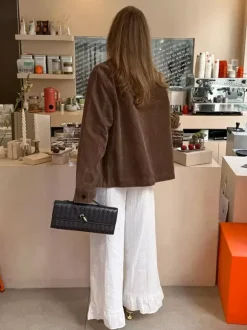 Brown Faux Suede Women's Shacket - Minimalist Turn-down Collar Button Up Jacket With Pocket - Spring Casual Streetwear 2026