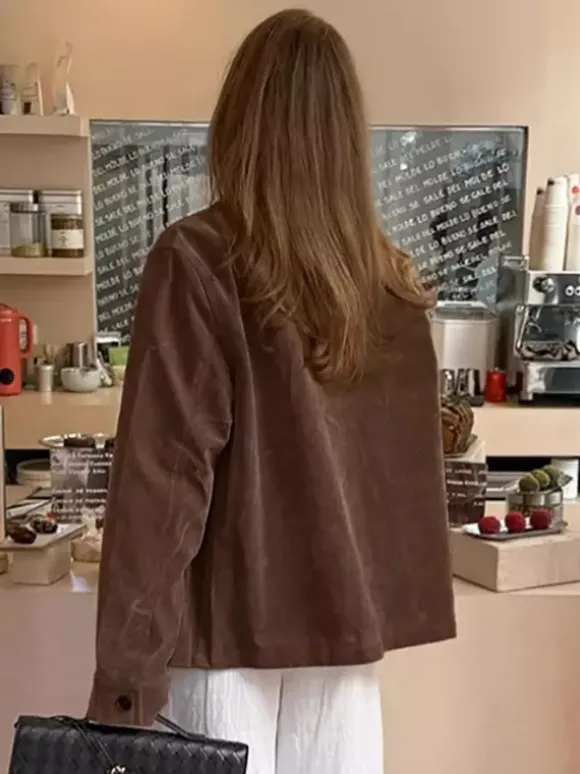 Brown Faux Suede Women's Shacket - Minimalist Turn-down Collar Button Up Jacket With Pocket - Spring Casual Streetwear 2026
