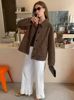 Brown Faux Suede Women's Shacket - Minimalist Turn-down Collar Button Up Jacket With Pocket - Spring Casual Streetwear 2026
