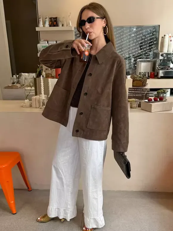 Brown Faux Suede Women's Shacket - Minimalist Turn-down Collar Button Up Jacket With Pocket - Spring Casual Streetwear 2026