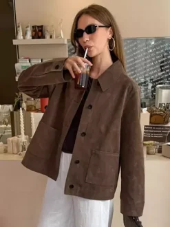 Brown Faux Suede Women's Shacket - Minimalist Turn-down Collar Button Up Jacket With Pocket - Spring Casual Streetwear 2026